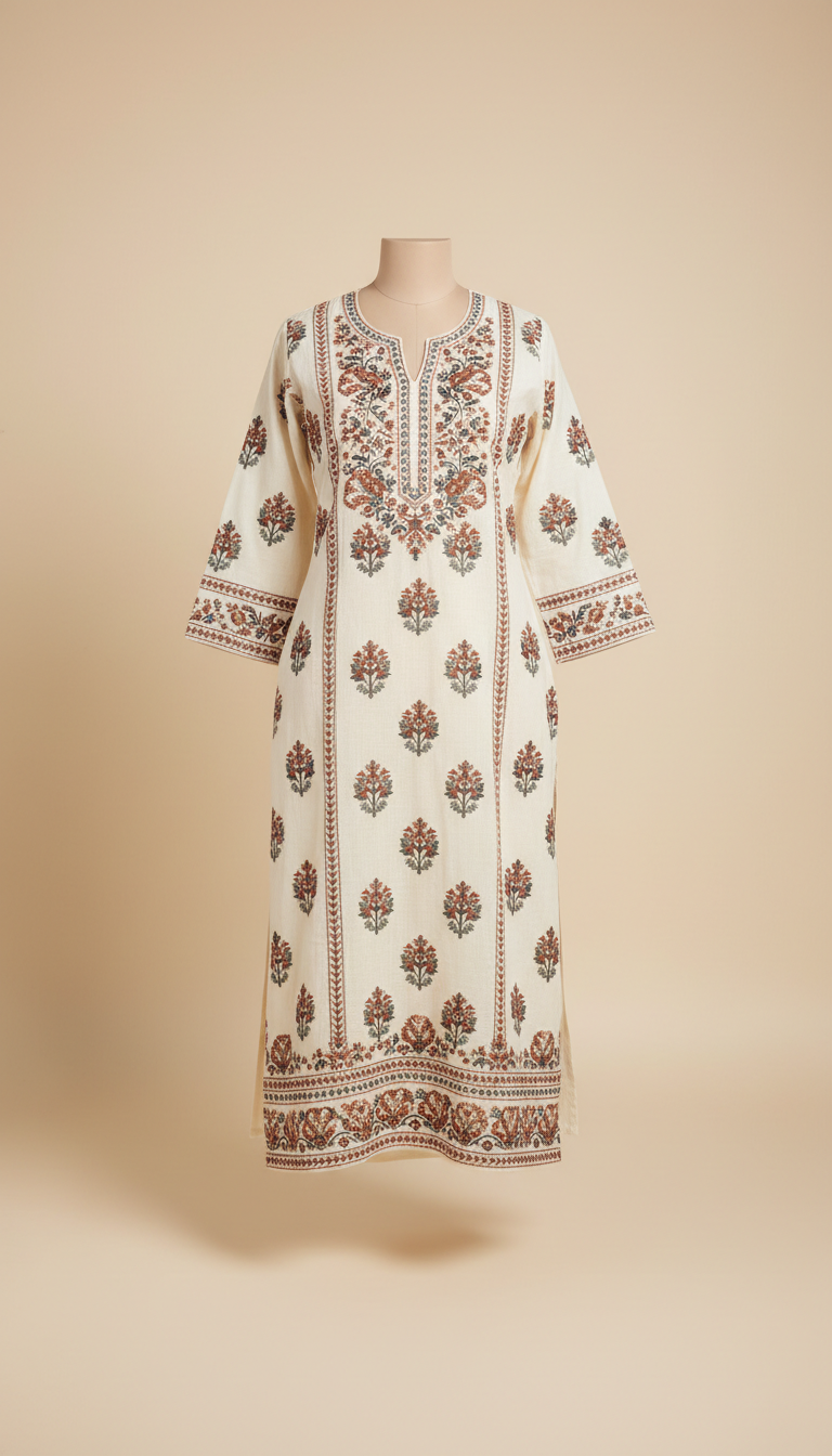 Ivory Embroidered Cotton Kurti