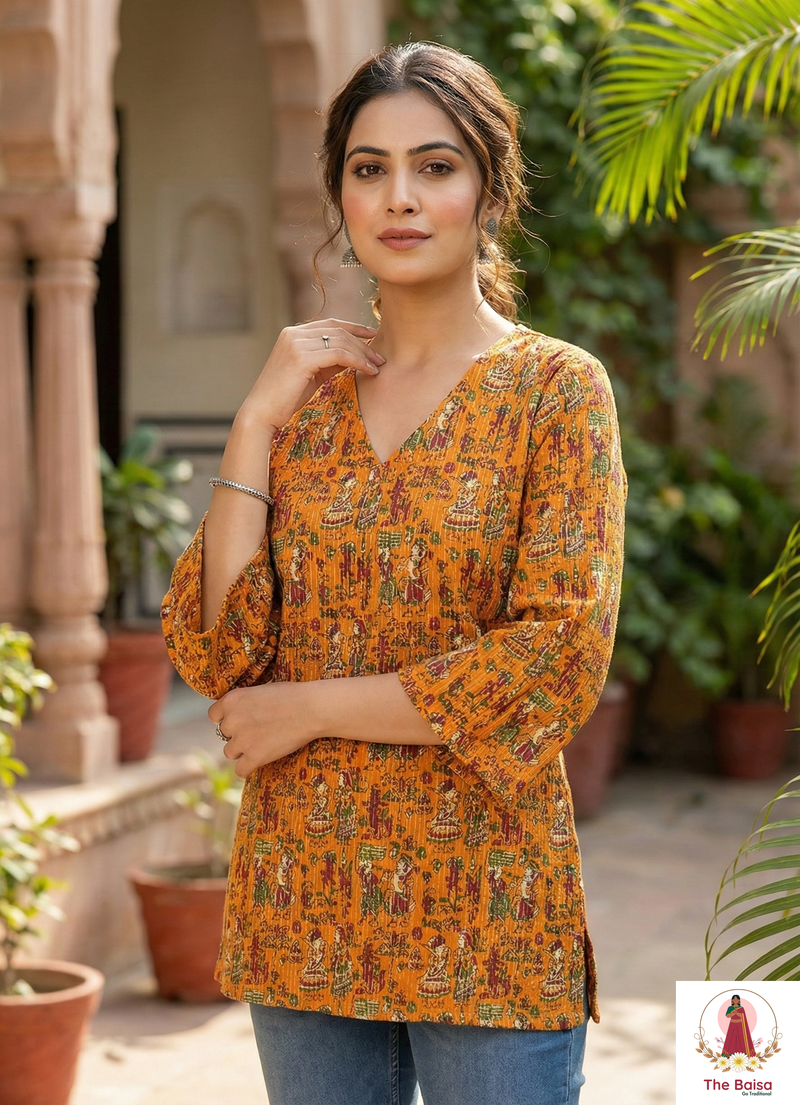Mustard Block-Print Cotton Kurti