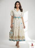 Ivory Ethnic-Motif Cotton Midi Dress with Potli