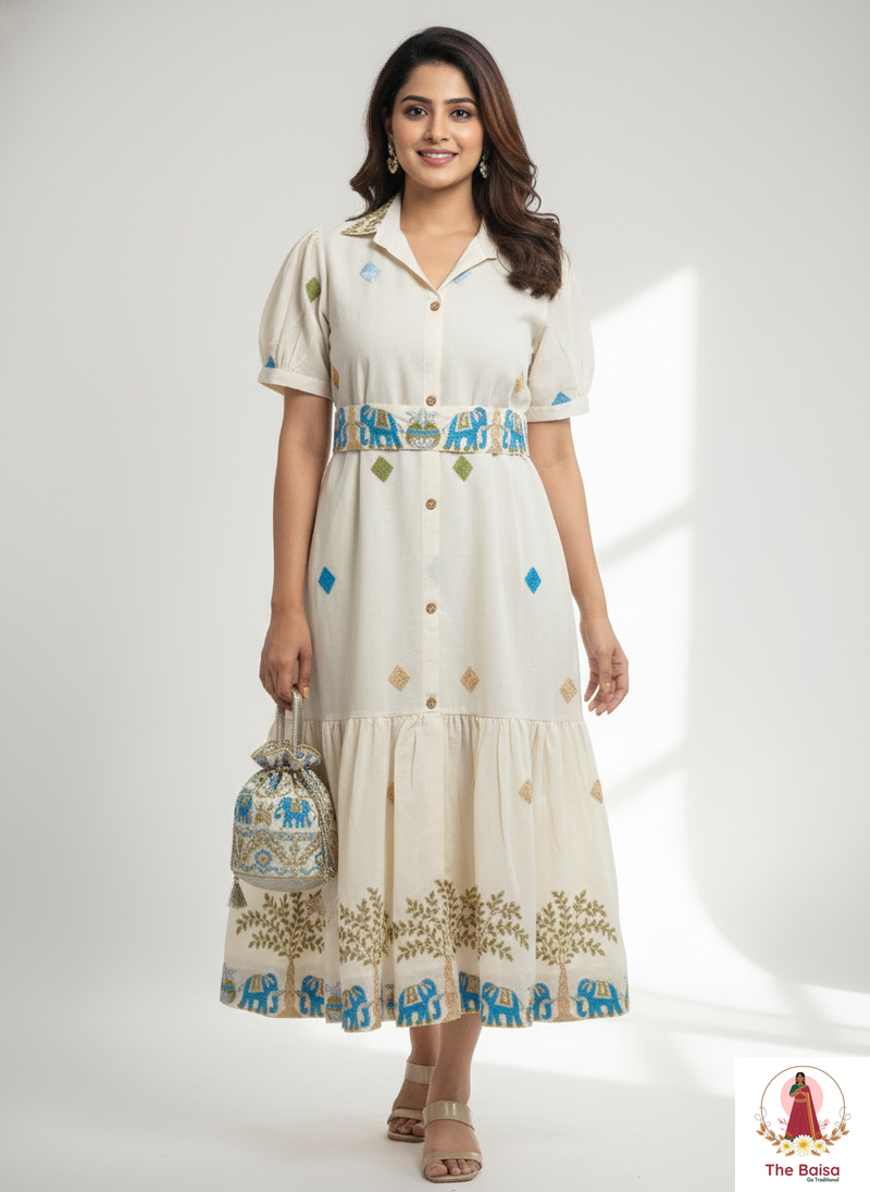 Ivory Ethnic-Motif Cotton Midi Dress with Potli