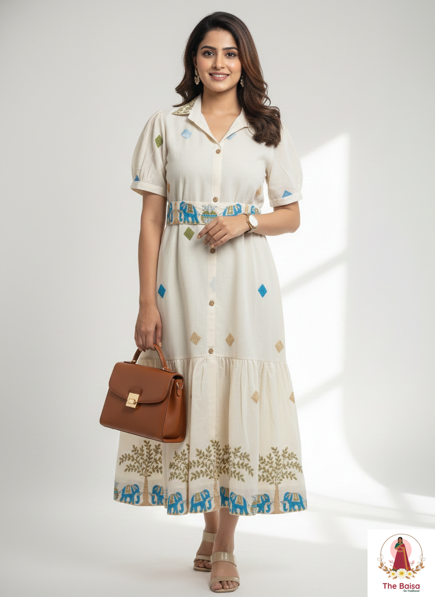 Ivory Ethnic-Motif Cotton Midi Dress with Potli