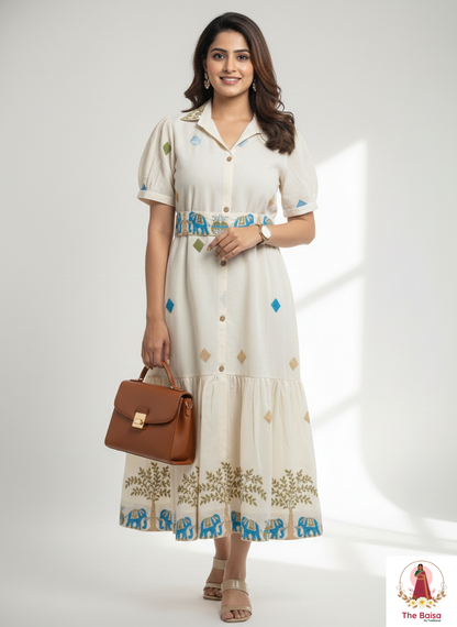 Ivory Ethnic-Motif Cotton Midi Dress with Potli