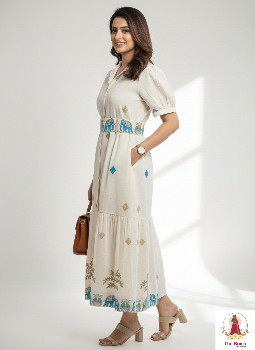 Ivory Ethnic-Motif Cotton Midi Dress with Potli