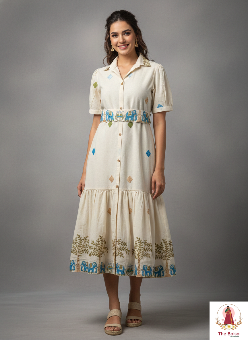 Ivory Ethnic-Motif Cotton Midi Dress with Potli