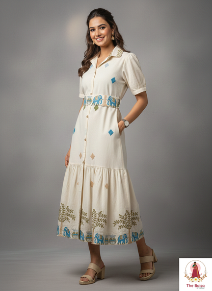 Ivory Ethnic-Motif Cotton Midi Dress with Potli