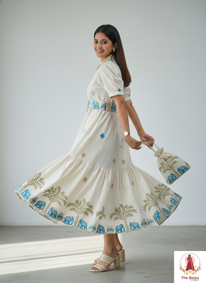 Ivory Ethnic-Motif Cotton Midi Dress with Potli