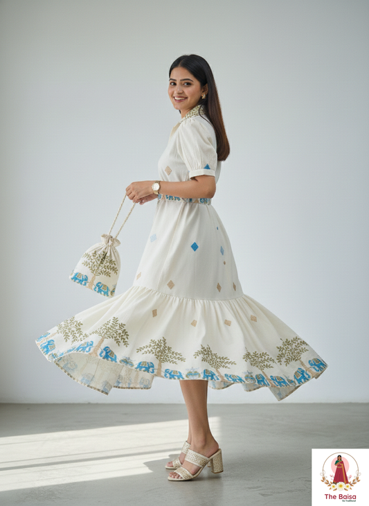 Ivory Ethnic-Motif Cotton Midi Dress with Potli