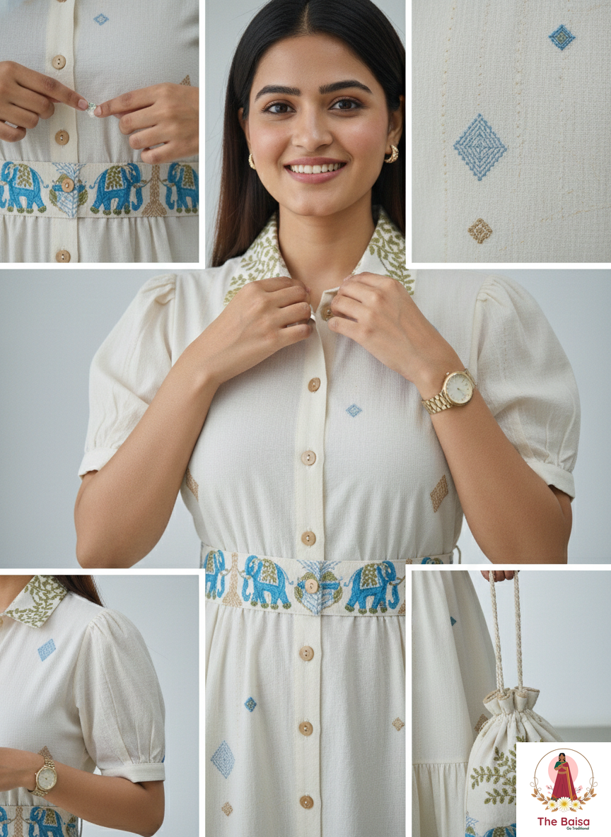 Ivory Ethnic-Motif Cotton Midi Dress with Potli