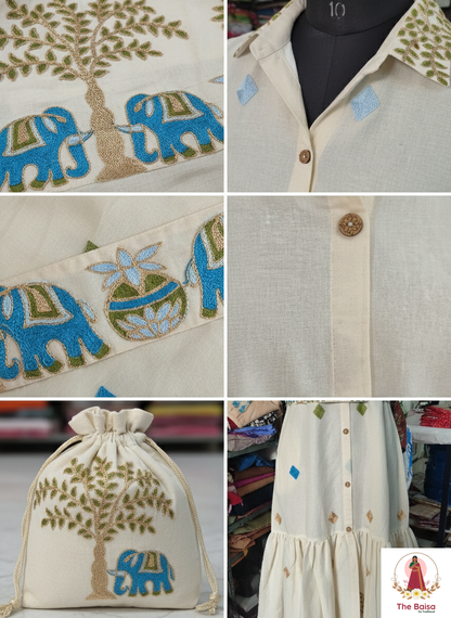 Ivory Ethnic-Motif Cotton Midi Dress with Potli