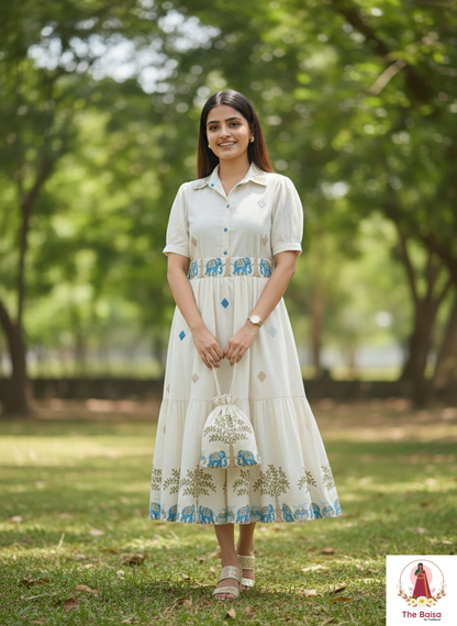 Ivory Ethnic-Motif Cotton Midi Dress with Potli