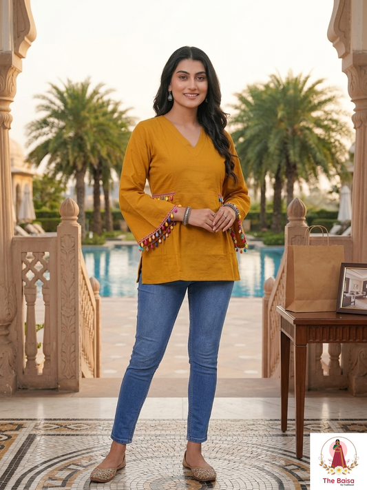 Pom-Pom Cotton Peplum Top