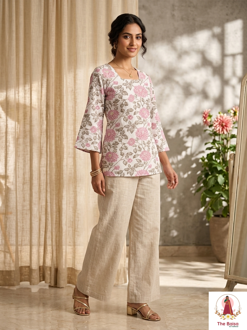 Floral Cotton Top with Back Lace Detail